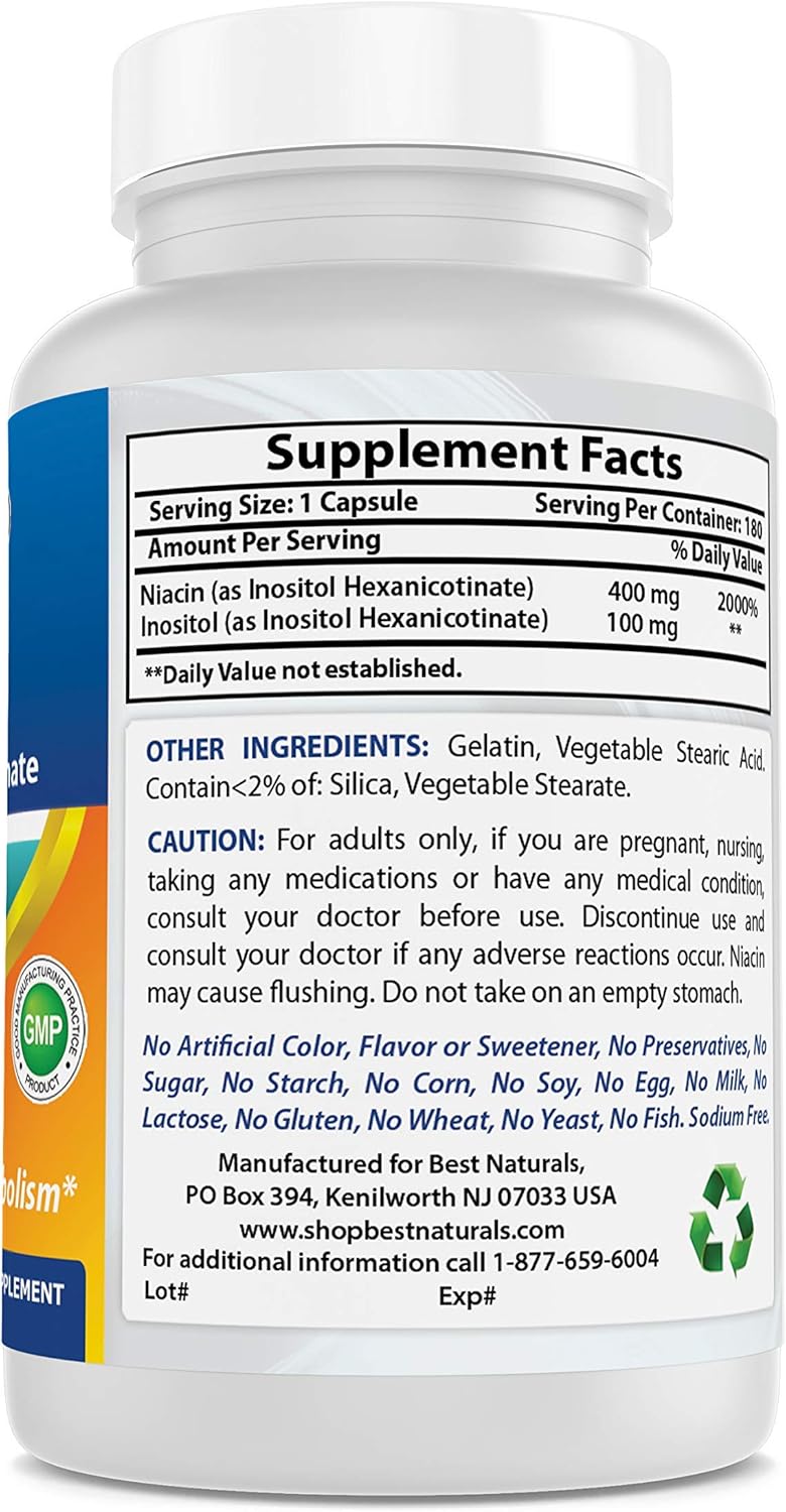 High-Quality Flush-Free Niacin Inositol Hexanicotinate 500mg - 180 Capsules