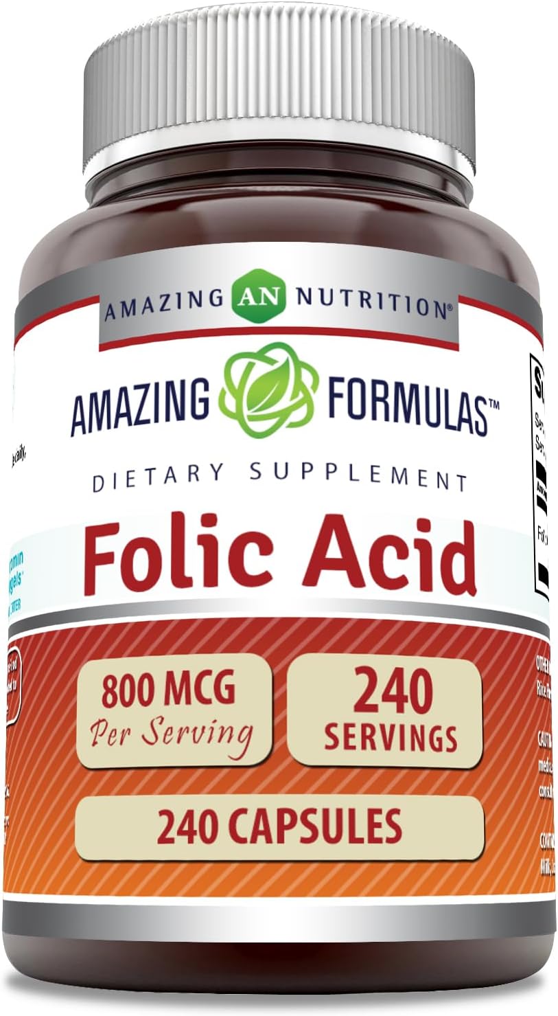 High-Quality Folic Acid Supplement | 800 Mcg Vitamin B9 Capsules | 240 Count | Non-GMO & Gluten-Free | Made in USA by Amazing Nutrition