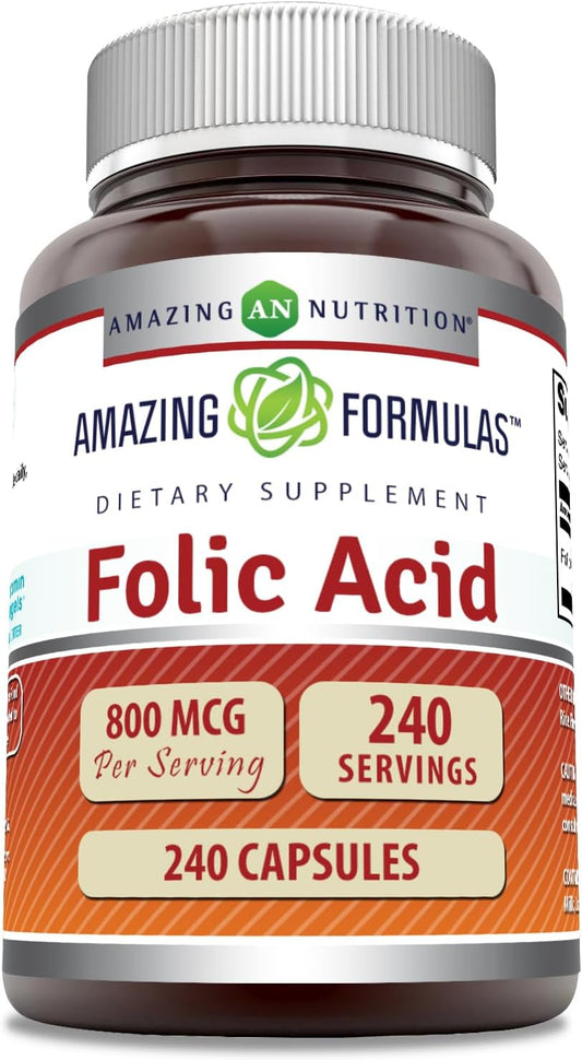 High-Quality Folic Acid Supplement | 800 Mcg Vitamin B9 Capsules | 240 Count | Non-GMO & Gluten-Free | Made in USA by Amazing Nutrition