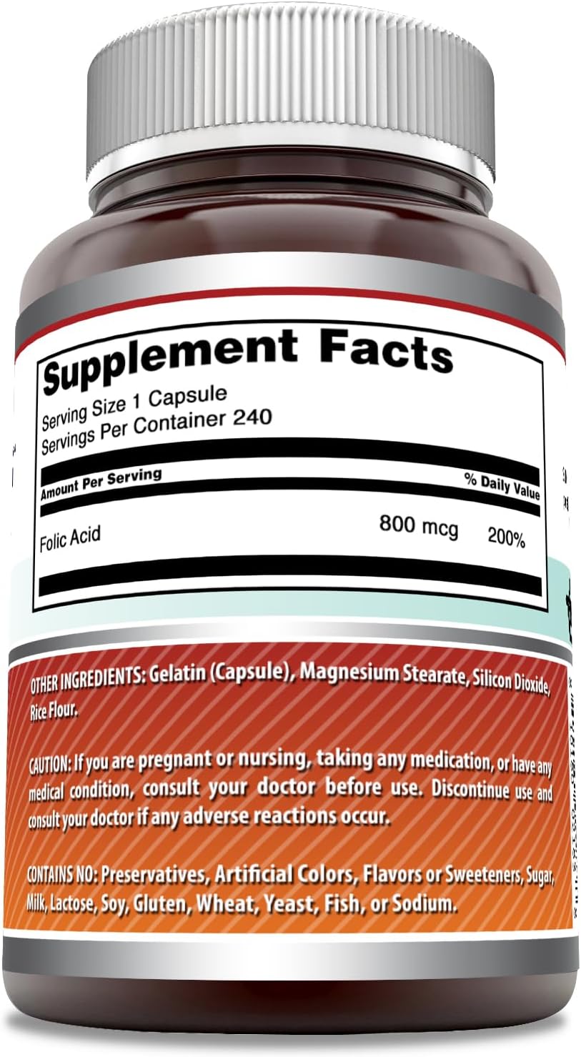 High-Quality Folic Acid Supplement | 800 Mcg Vitamin B9 Capsules | 240 Count | Non-GMO & Gluten-Free | Made in USA by Amazing Nutrition