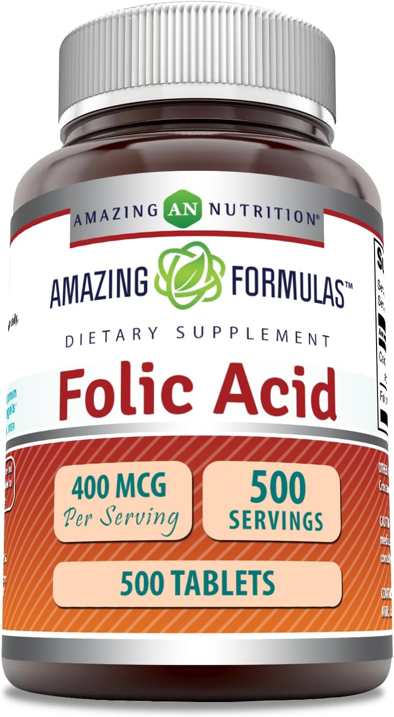 High-Quality Folic Acid (Vitamin B9) 400 Mcg Supplement - 500 Tablets - Non-GMO & Gluten Free - Made in USA by Amazing Nutrition