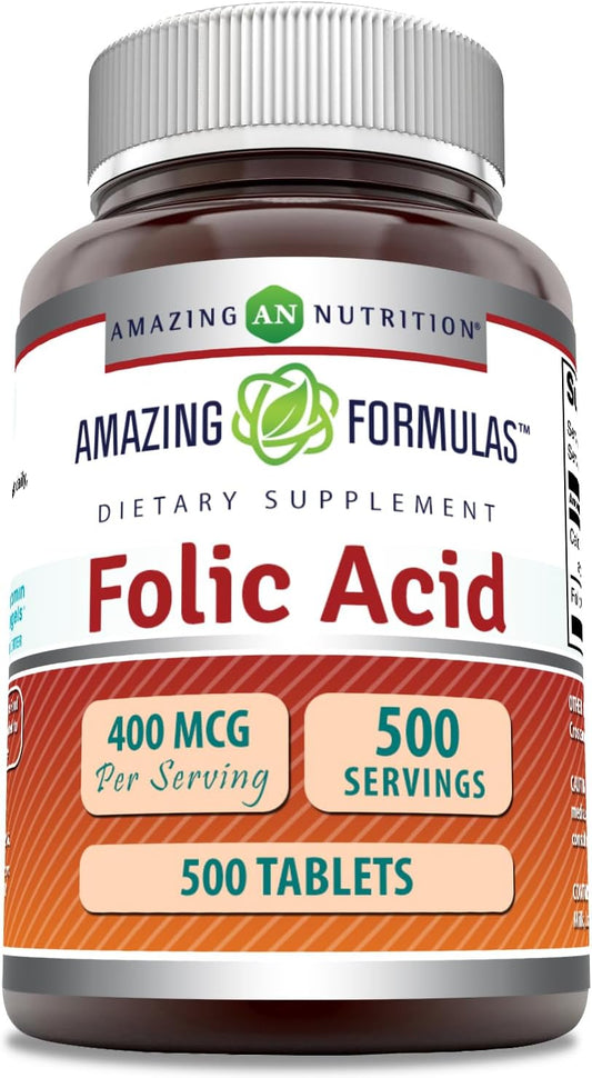 High-Quality Folic Acid (Vitamin B9) 400 Mcg Supplement - 500 Tablets - Non-GMO & Gluten Free - Made in USA by Amazing Nutrition