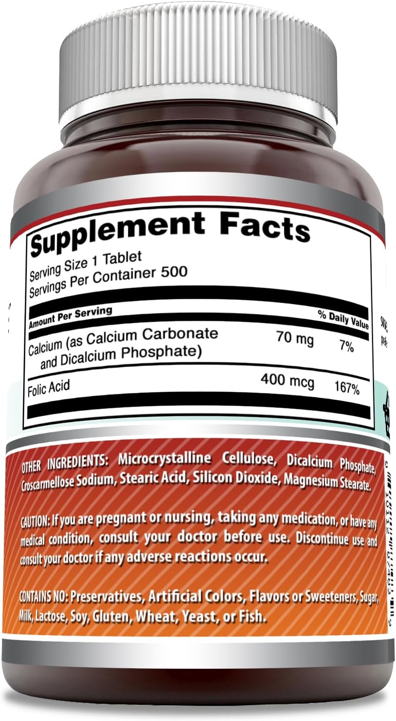 High-Quality Folic Acid (Vitamin B9) 400 Mcg Supplement - 500 Tablets - Non-GMO & Gluten Free - Made in USA by Amazing Nutrition