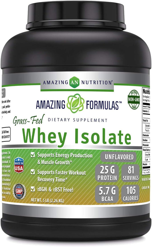 High-Quality Grass-Fed Whey Protein Isolate | 25g Protein Per Serving | 5lb (2.26kg) | 5.7g BCAA | Made in USA | Unflavored - BoostGo Australia