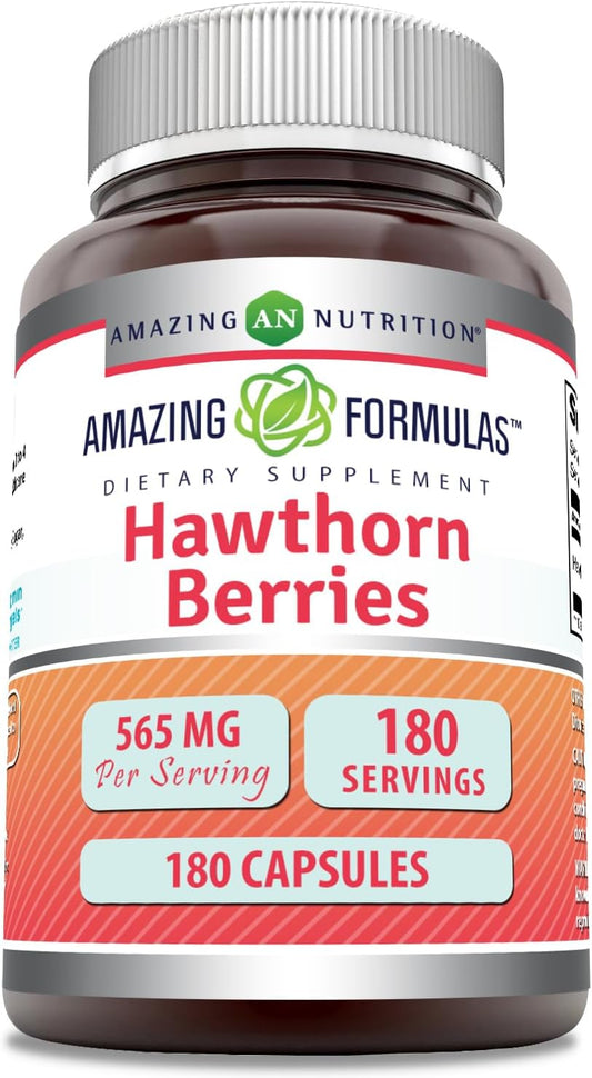 High-Quality Hawthorn Berries Supplement - 180 Capsules - 565mg - Non-GMO - Gluten-Free - Made in USA by Amazing Nutrition
