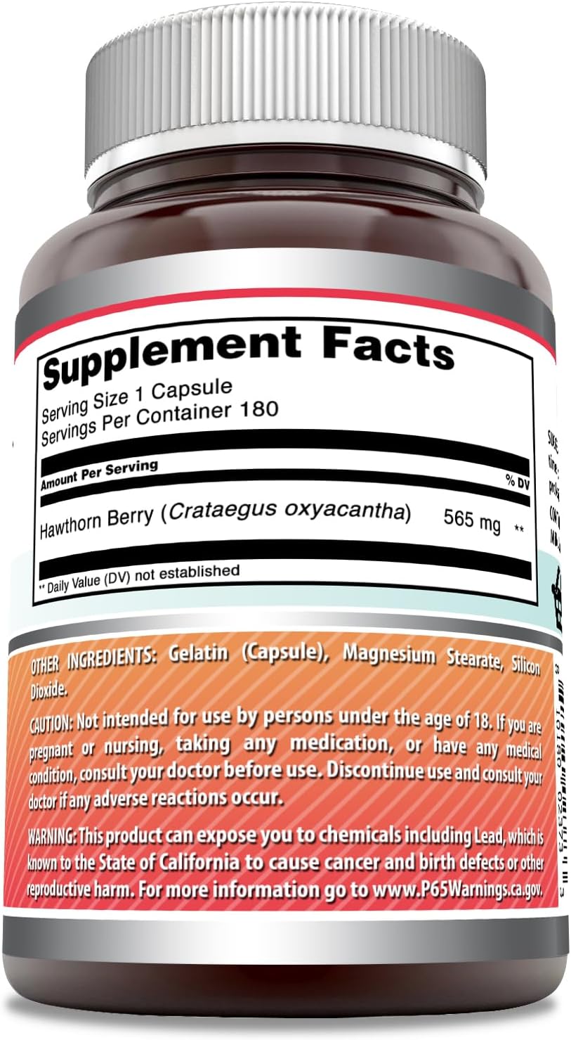 High-Quality Hawthorn Berries Supplement - 180 Capsules - 565mg - Non-GMO - Gluten-Free - Made in USA by Amazing Nutrition