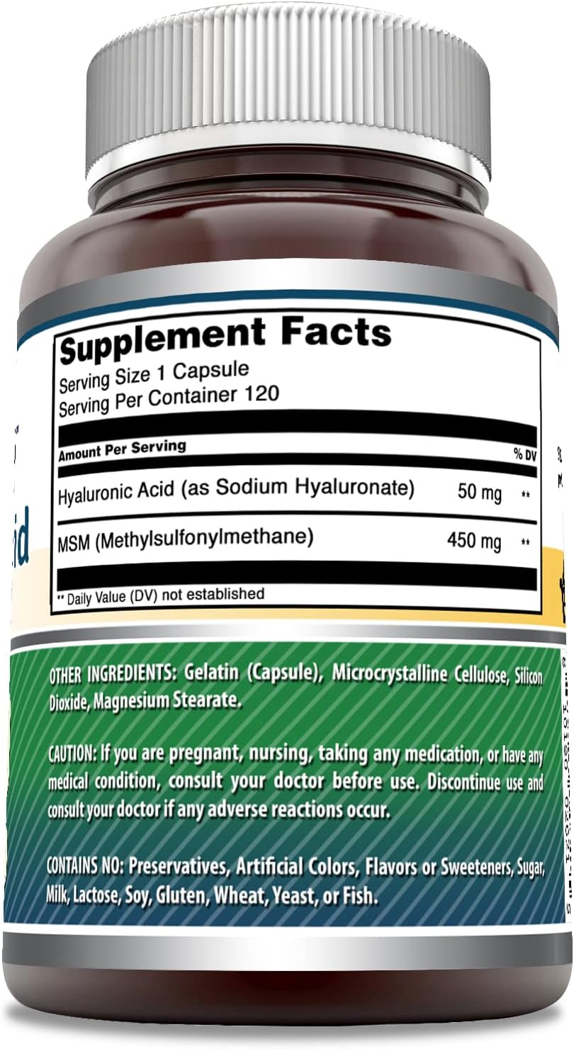 High-Quality Hyaluronic Acid & MSM Supplement | 500mg | 120 Capsules | Non-GMO | Gluten-Free | USA-Made