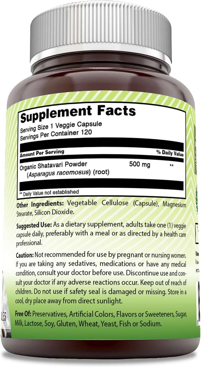High-Quality India Natural Shatavari 500 Mg Supplement | 120 Veggie Capsules | Non-GMO & Gluten-Free | Vegetarian Formula
