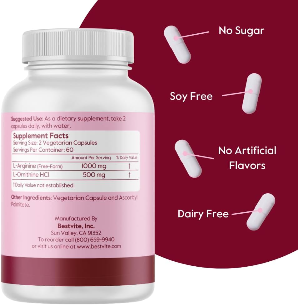 High-Quality L-Arginine L-Ornithine Supplement (480 Capsules) - Vegan, Non-GMO, Gluten-Free - No Fillers - No Stearates - Potent Formula