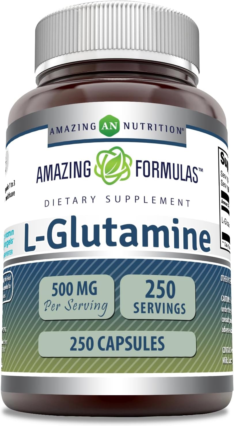 High Quality L-Glutamine 500mg Capsules - Amino Acid Supplement - Non-GMO & Gluten Free - Made in USA (250 Capsules)