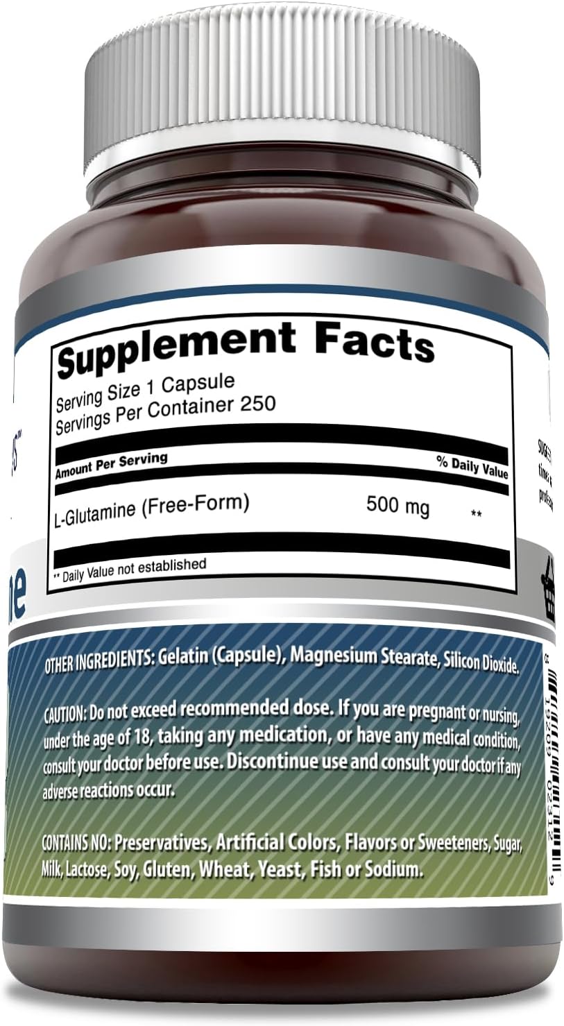 High Quality L-Glutamine 500mg Capsules - Amino Acid Supplement - Non-GMO & Gluten Free - Made in USA (250 Capsules)