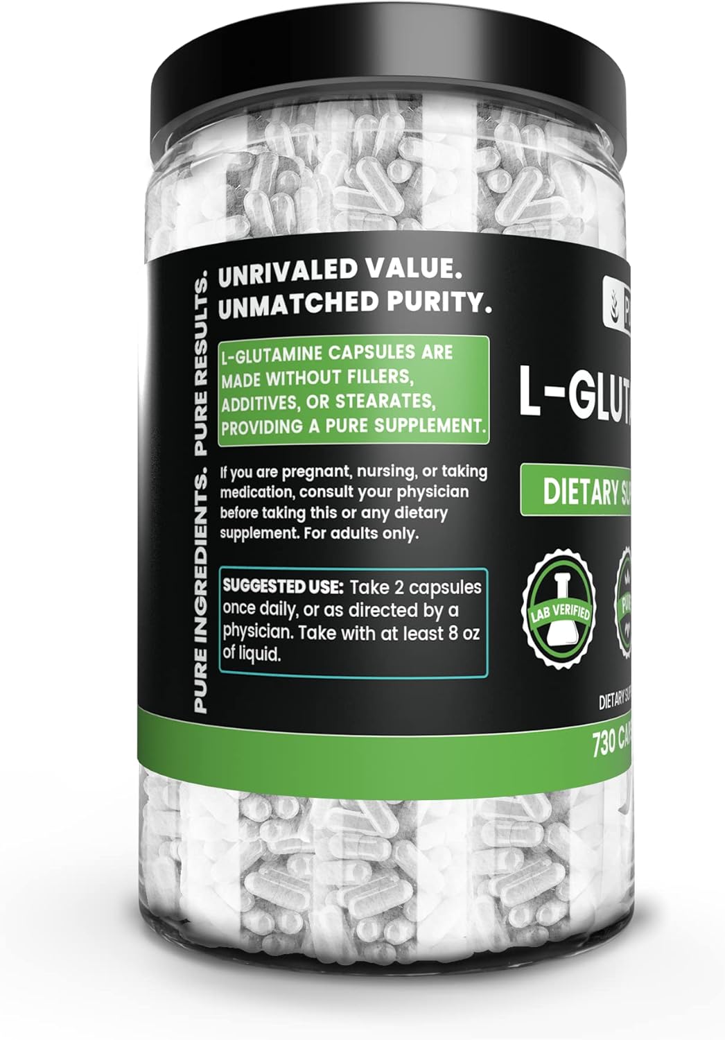 High-Quality L-Glutamine Capsules (730 Count) - Pure Ingredients, Lab Verified, No Magnesium or Rice Fillers