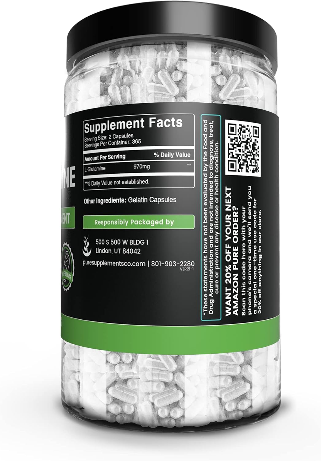 High-Quality L-Glutamine Capsules (730 Count) - Pure Ingredients, Lab Verified, No Magnesium or Rice Fillers