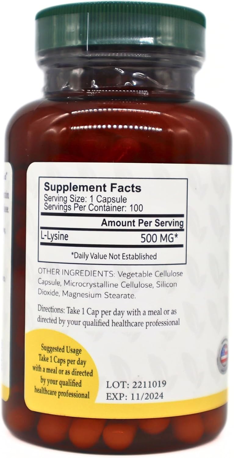 High-Quality L-Lysine 500mg Capsules - 100 Count, Essential Amino Acid Supplement, Gluten & Preservative-Free