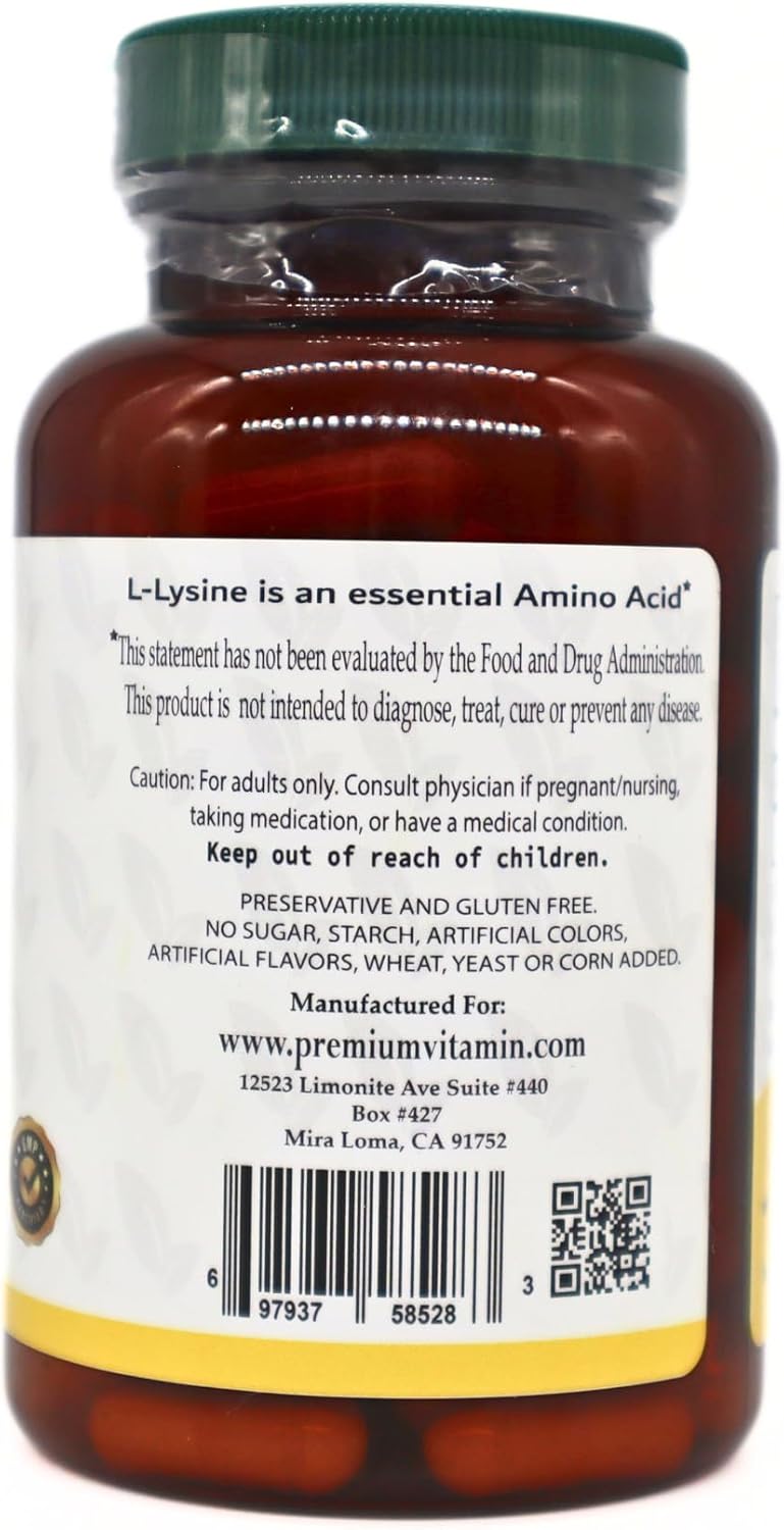High-Quality L-Lysine 500mg Capsules - 100 Count, Essential Amino Acid Supplement, Gluten & Preservative-Free