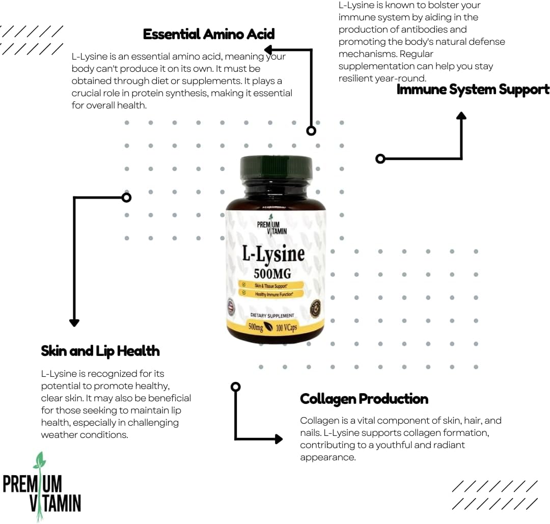 High-Quality L-Lysine 500mg Capsules - 100 Count, Essential Amino Acid Supplement, Gluten & Preservative-Free