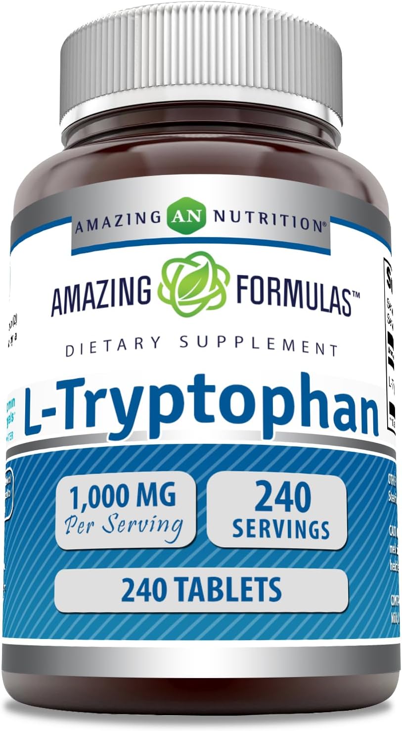 High-Quality L-Tryptophan 1000mg Tablets Supplement | Non-GMO & Gluten Free | Made in USA (240 Count) by Amazing Nutrition