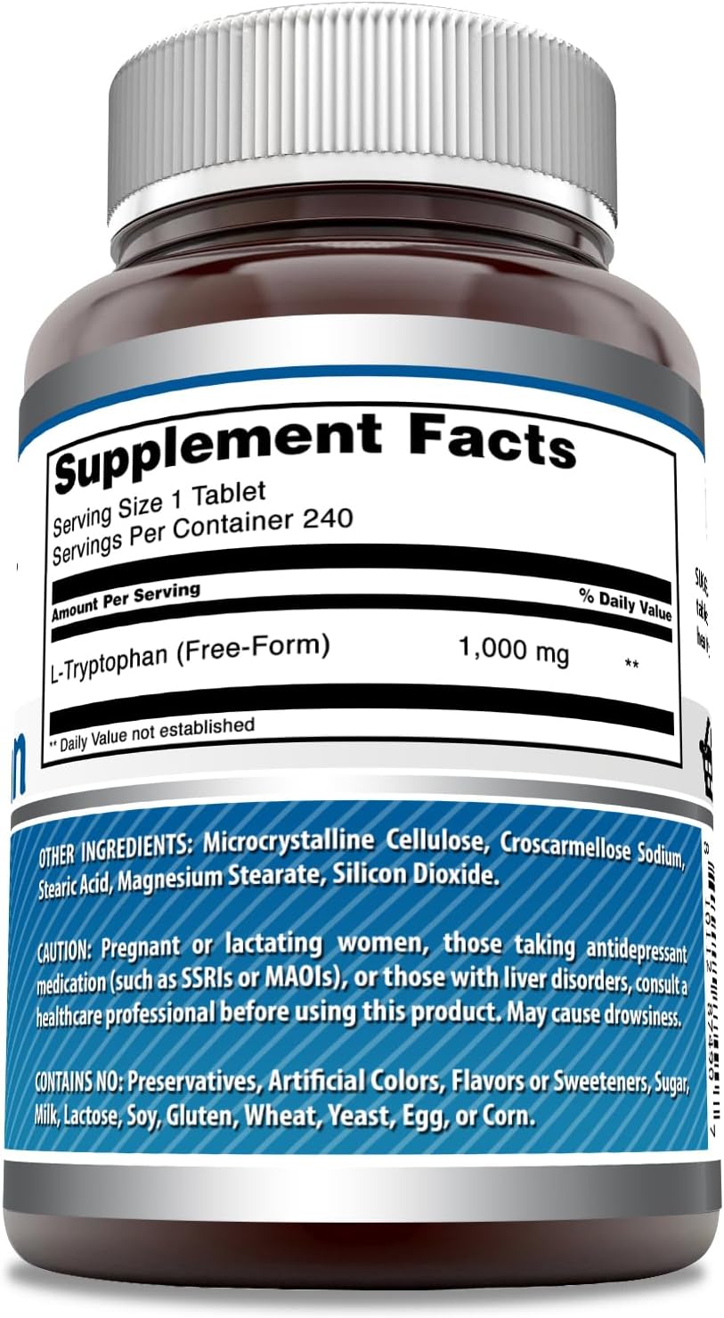 High-Quality L-Tryptophan 1000mg Tablets Supplement | Non-GMO & Gluten Free | Made in USA (240 Count) by Amazing Nutrition