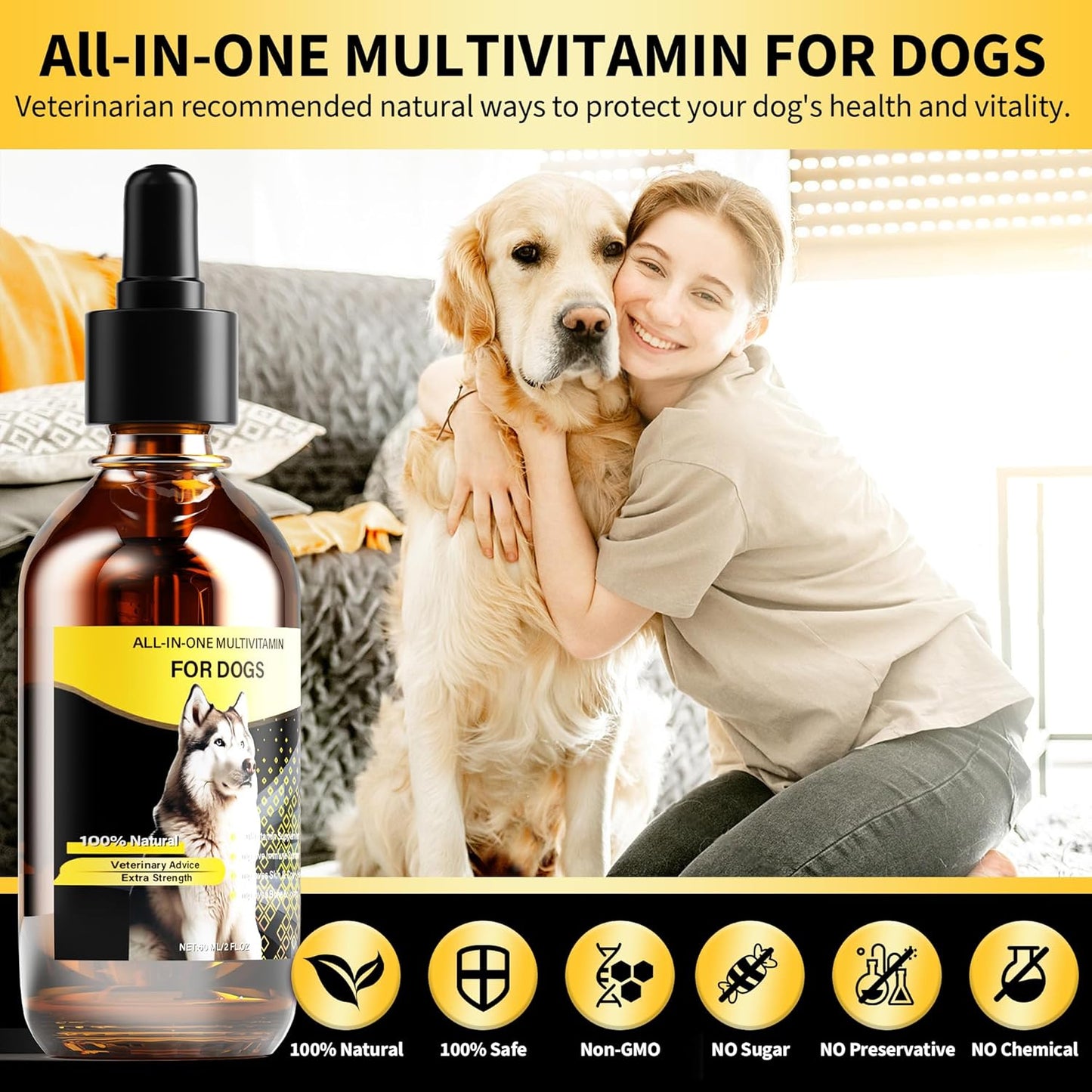 High-Quality Liquid Dog Multivitamin with 13 Essential Vitamins for Digestive, Immune, Skin, Coat, Bone, and Joint Health - 60ml Bottle for All Breeds and Ages