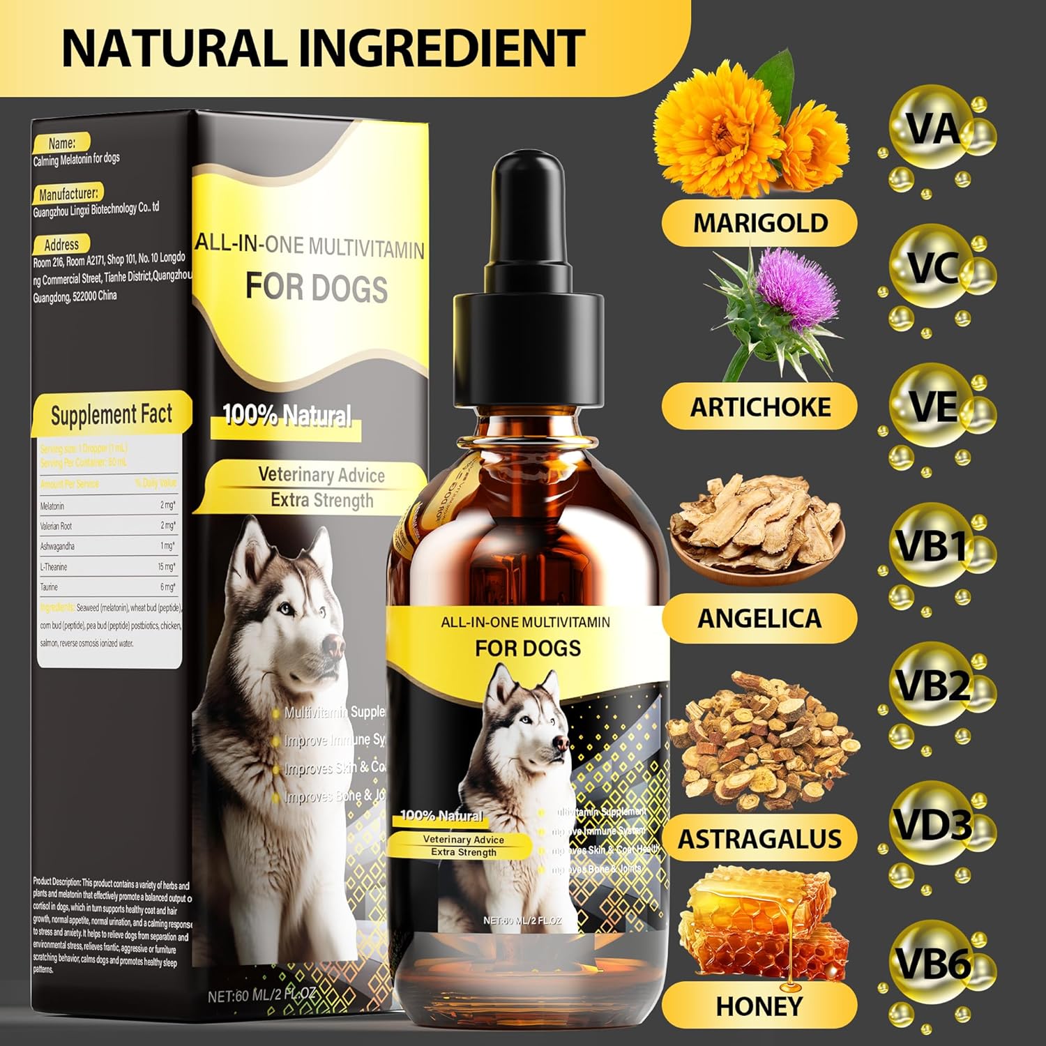 High-Quality Liquid Dog Multivitamin with 13 Essential Vitamins for Digestive, Immune, Skin, Coat, Bone, and Joint Health - 60ml Bottle for All Breeds and Ages