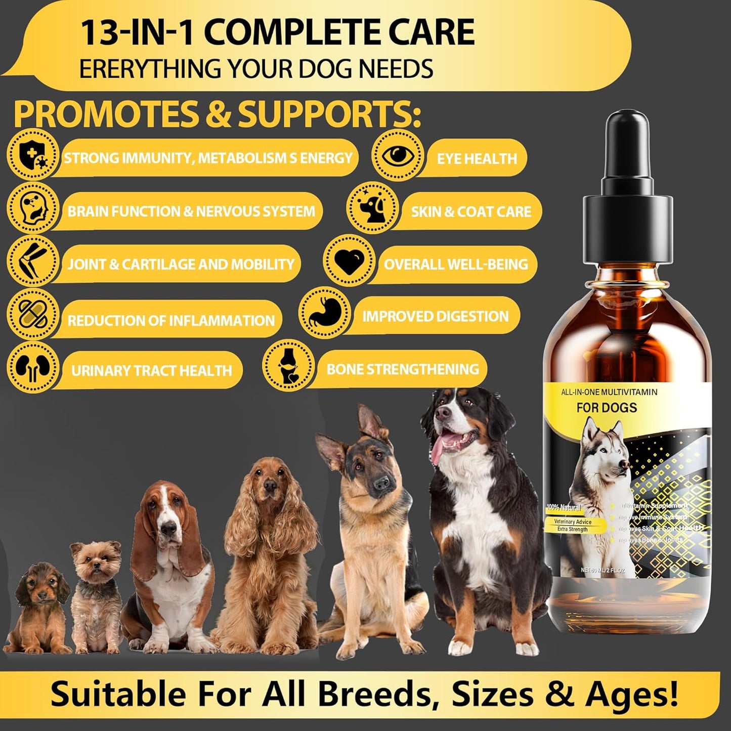 High-Quality Liquid Dog Multivitamin with 13 Essential Vitamins for Digestive, Immune, Skin, Coat, Bone, and Joint Health - 60ml Bottle for All Breeds and Ages
