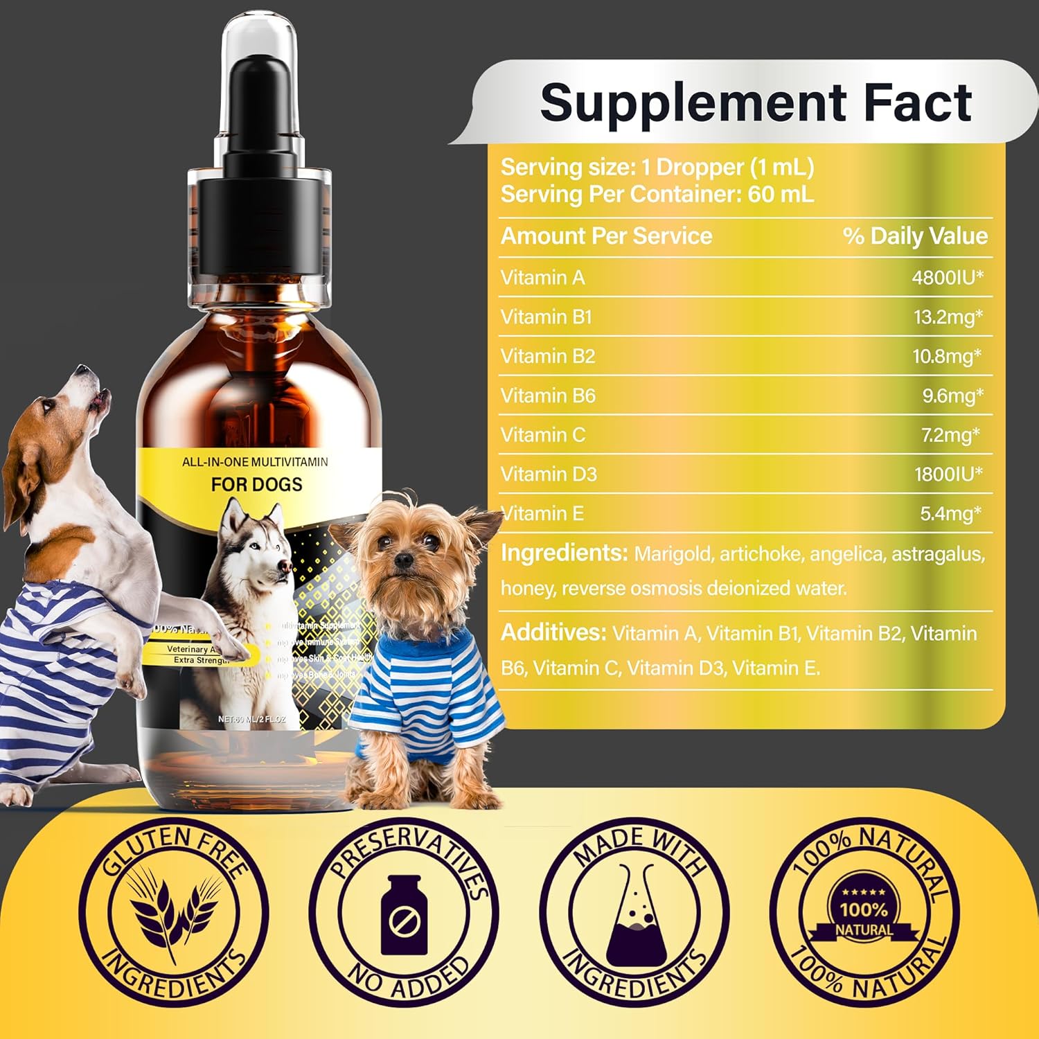 High-Quality Liquid Dog Multivitamin with 13 Essential Vitamins for Digestive, Immune, Skin, Coat, Bone, and Joint Health - 60ml Bottle for All Breeds and Ages