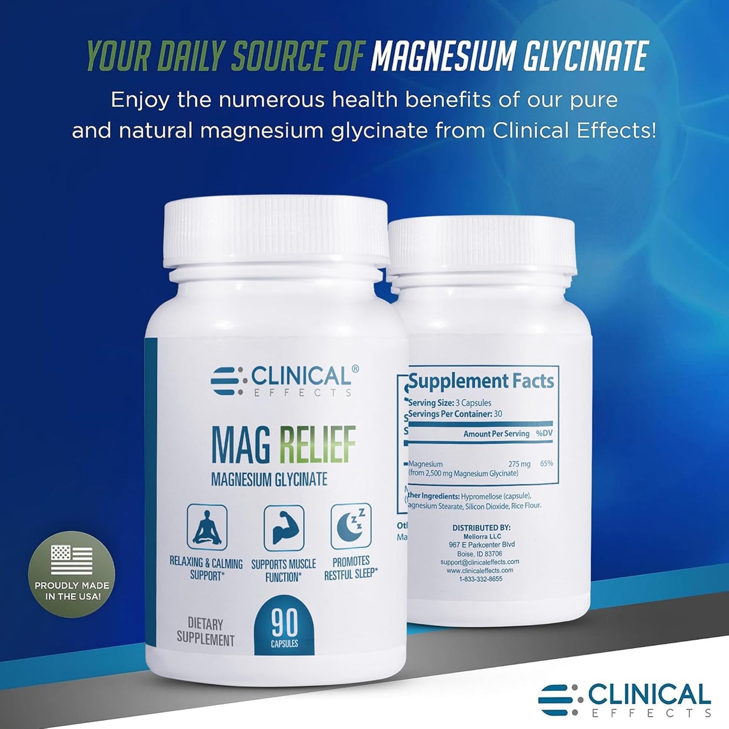 High-Quality Mag Relief Magnesium Glycinate Capsules - 275mg - 90 Capsules - Support Cramp Defense, Bone Health, Muscle & Nerve Function - Made in USA
