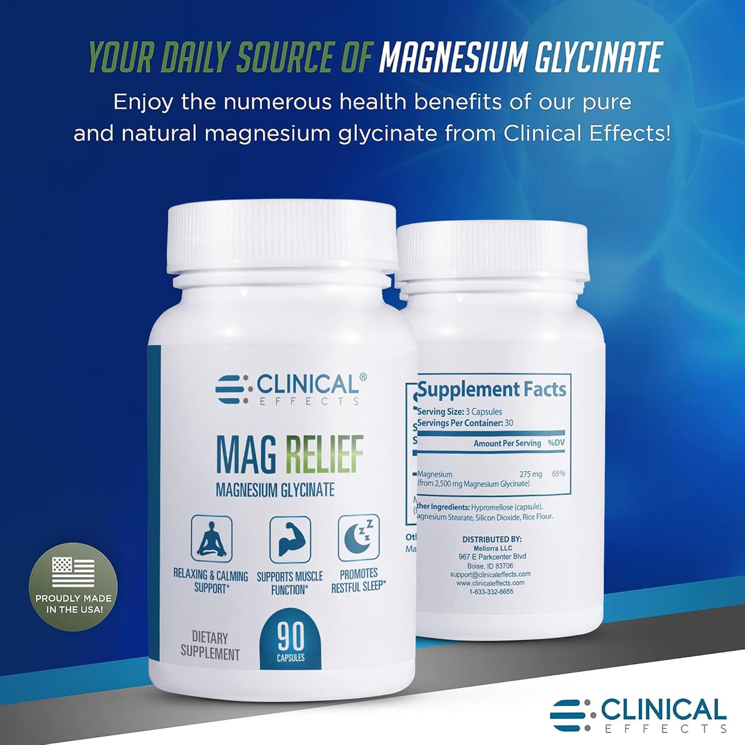 High-Quality Mag Relief Magnesium Glycinate Capsules - 275mg - 90 Capsules - Support Cramp Defense, Bone Health, Muscle & Nerve Function - Made in USA