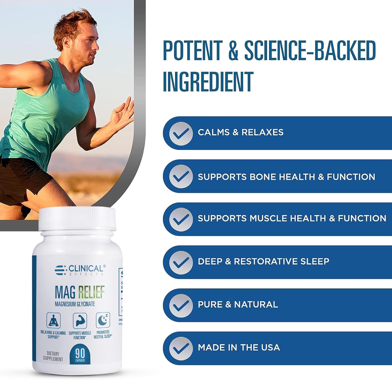 High-Quality Mag Relief Magnesium Glycinate Capsules - 275mg - 90 Capsules - Support Cramp Defense, Bone Health, Muscle & Nerve Function - Made in USA