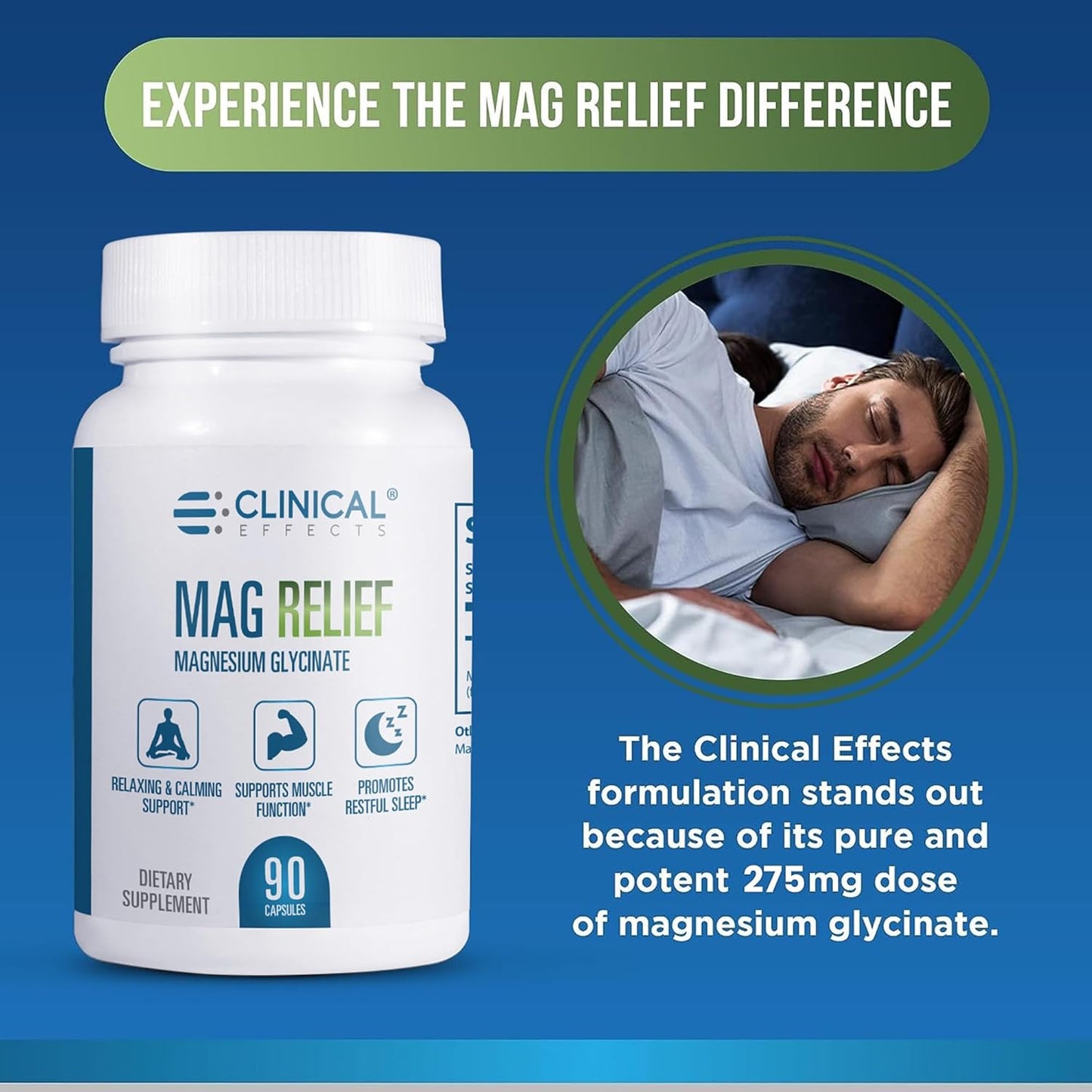 High-Quality Mag Relief Magnesium Glycinate Capsules - 275mg - 90 Capsules - Support Cramp Defense, Bone Health, Muscle & Nerve Function - Made in USA
