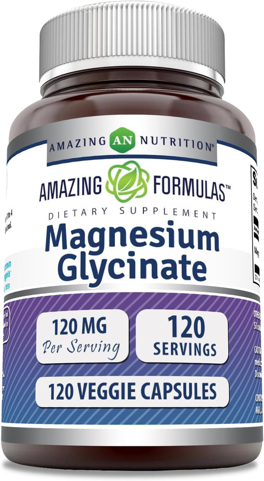 High-Quality Magnesium Glycinate 120mg Supplement - 120 Veggie Capsules | Non-GMO & Gluten-Free | Made in USA by Amazing Nutrition