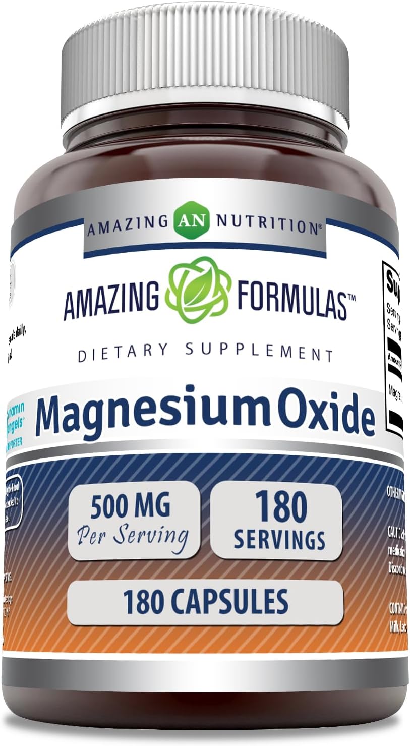 High-Quality Magnesium Oxide Supplement | 500 Mg Per Serving | 180 Capsules | Non-GMO & Gluten-Free | Made in USA by Amazing Nutrition