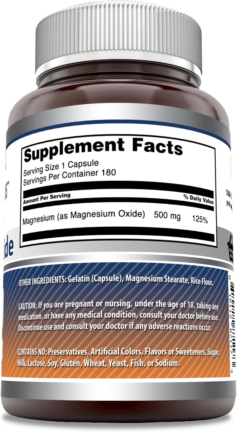 High-Quality Magnesium Oxide Supplement | 500 Mg Per Serving | 180 Capsules | Non-GMO & Gluten-Free | Made in USA by Amazing Nutrition