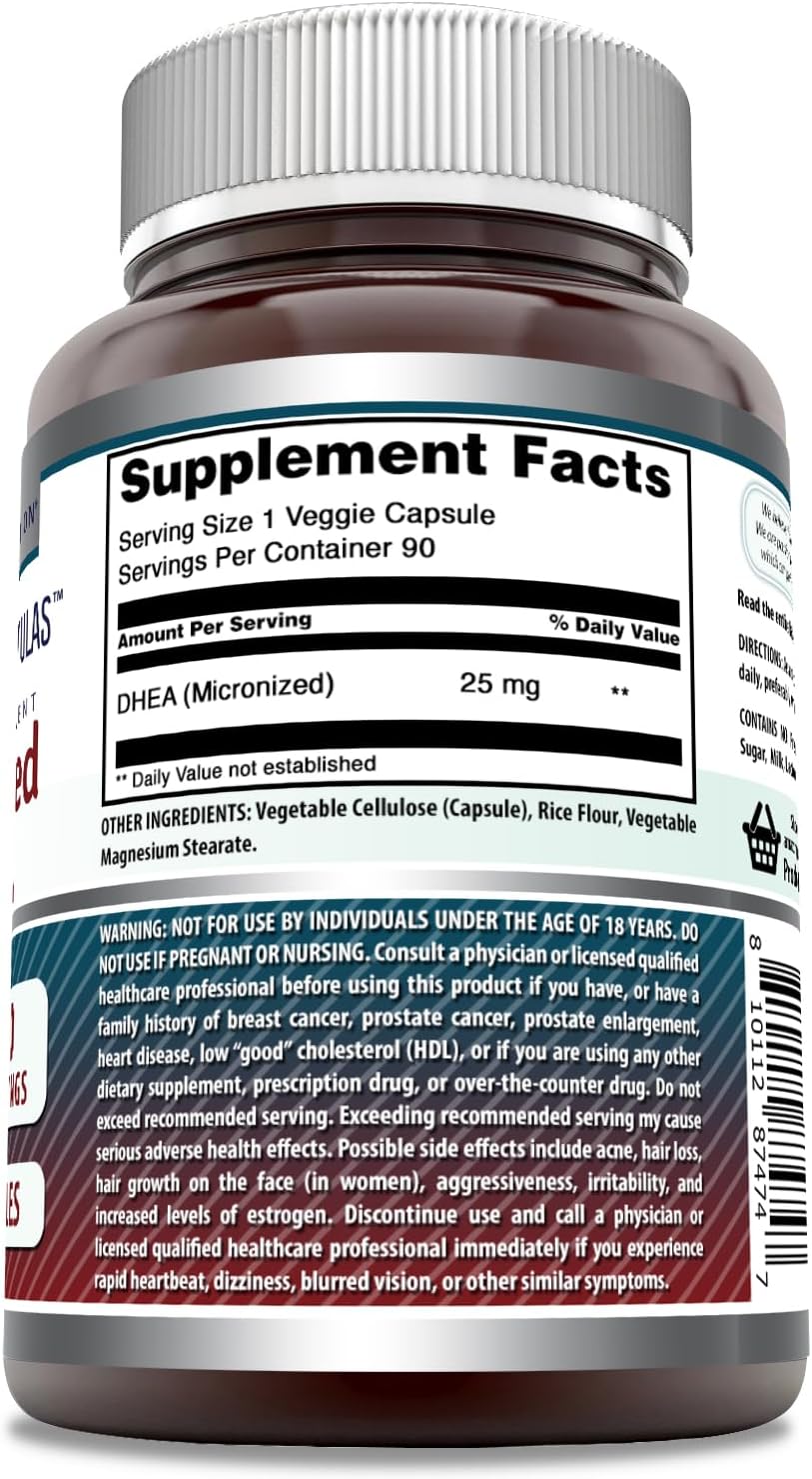 High-Quality Micronized DHEA 25mg Capsules - Non-GMO, Gluten Free, Made in USA - Ideal for Men & Women, Vegetarian-Friendly Supplement