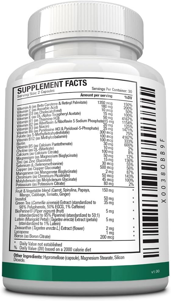 High-Quality Multi-Vitamin with B-Vitamins, Green Tea, Lutein, Lycopene, Zeaxanthin, BioPerine - 60 Capsules