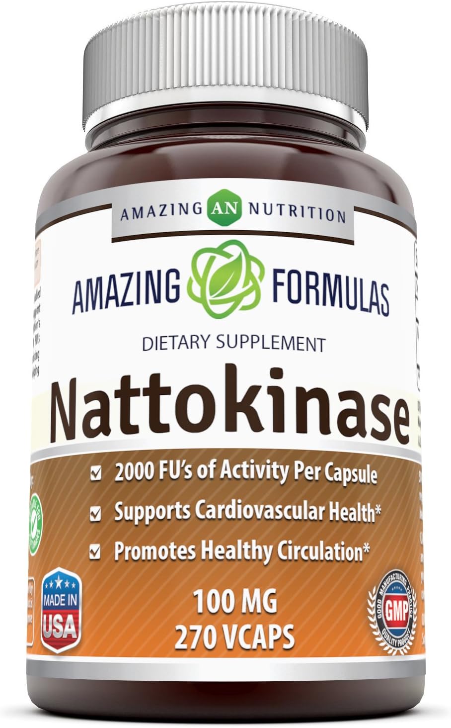 High Quality Nattokinase Dietary Supplement - 270 Capsules, 100mg, 2000 FU Enzyme Activity - Non-GMO, Gluten Free - Made in USA by Amazing Nutrition