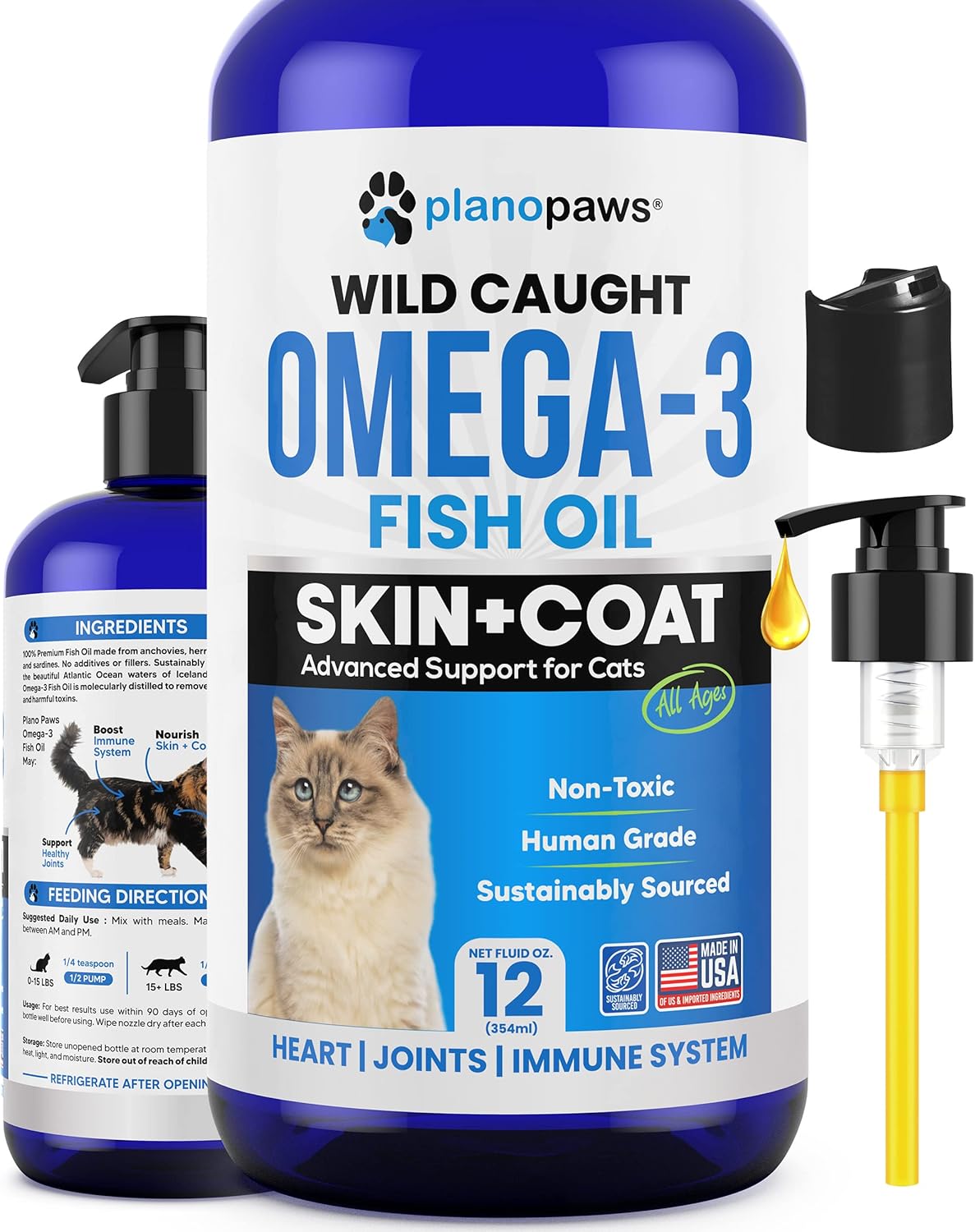 High-Quality Omega 3 Fish Oil for Cats - Superior to Salmon Oil - Essential Vitamins & Supplements for Kittens and Cats - Effective Cat Dandruff Remedy - Liquid Fish Oil for Pets - Promotes Healthy Coat - Complete Cat Health Support