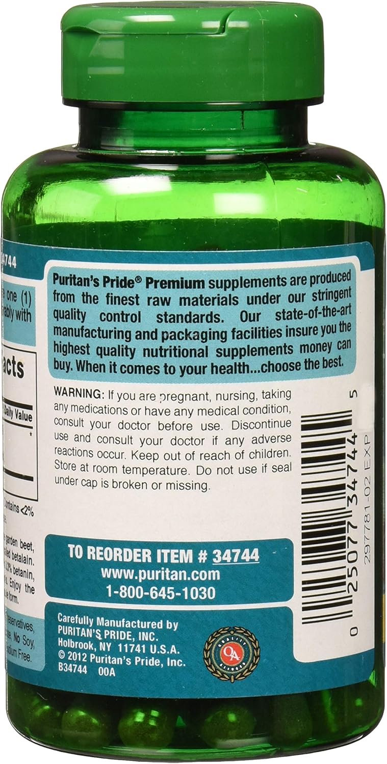 High-Quality Puritan's Pride Beet Root Extract Capsules - 500mg, 90 Count Bottle for Overall Wellness and Energy Boost