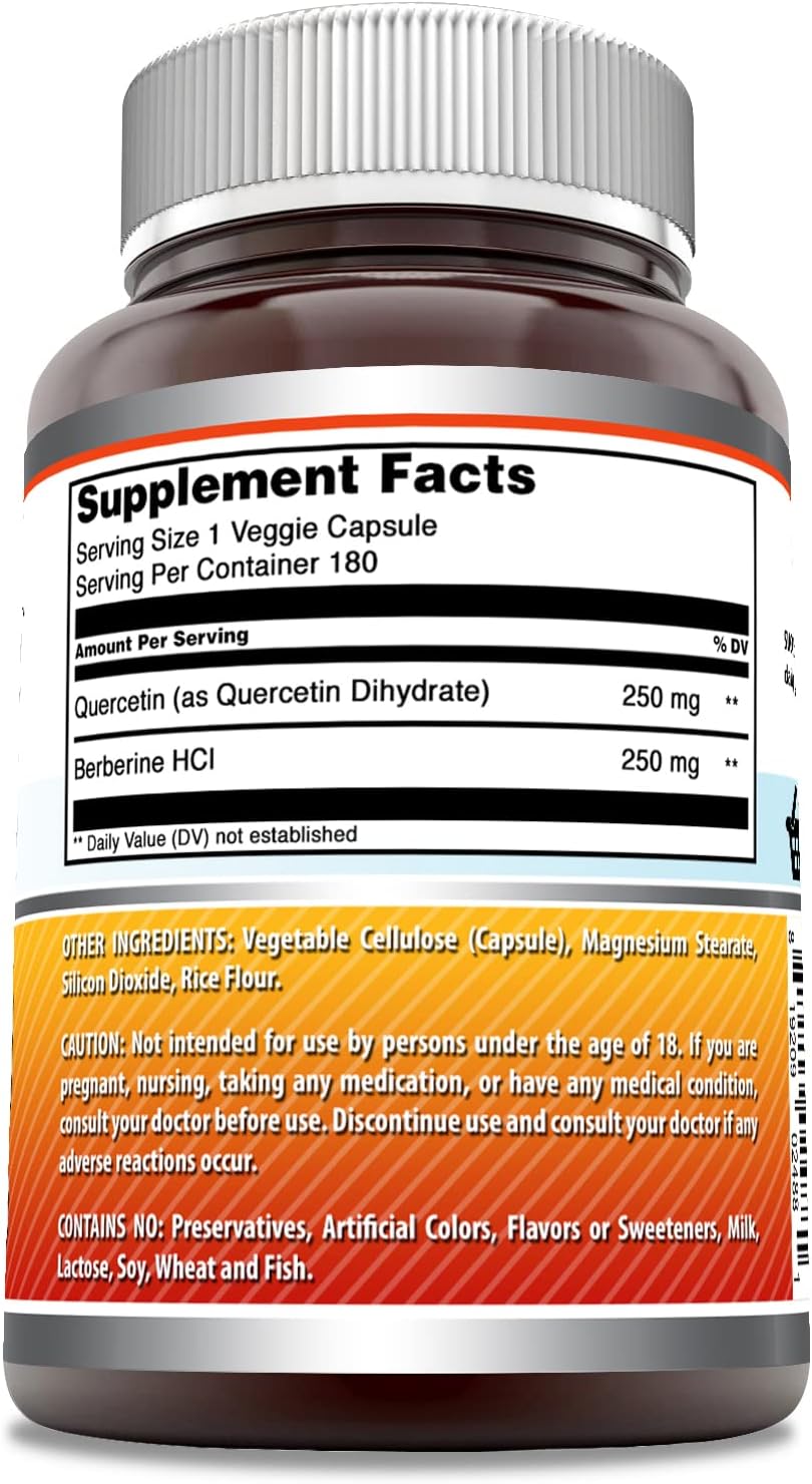High Quality Quercetin Berberine Supplement - 250mg Each, 180 Veggie Capsules, Non-GMO, Gluten Free, Made in USA, Vegetarian Friendly