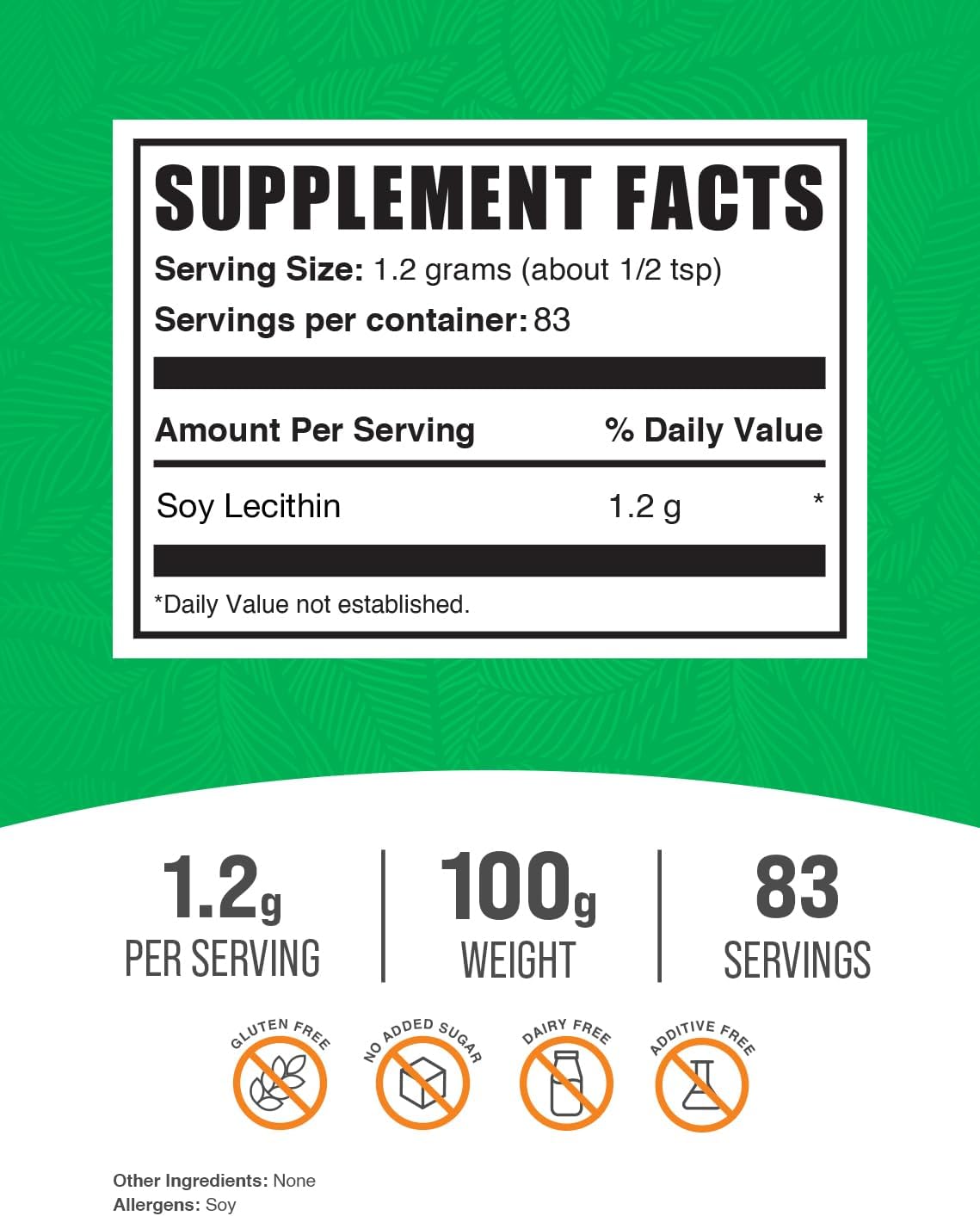 High-Quality Soy Lecithin Powder - Gluten-Free Lecithin Supplement, 1200mg Food Grade Powder - 100g (3.5 oz) - Pack of 1