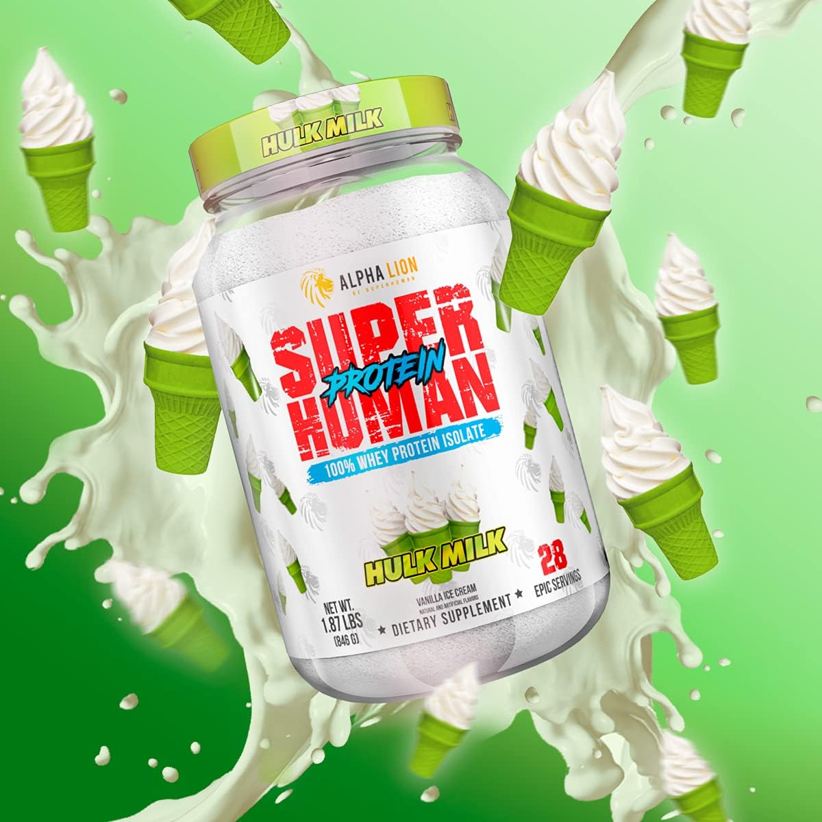 High-Quality Superhuman Whey Protein Isolate Powder for Muscle Recovery & Growth, Low Carb, Low Sugar, No Bloat Post Workout (28 Servings, Hulk Milk Flavor)
