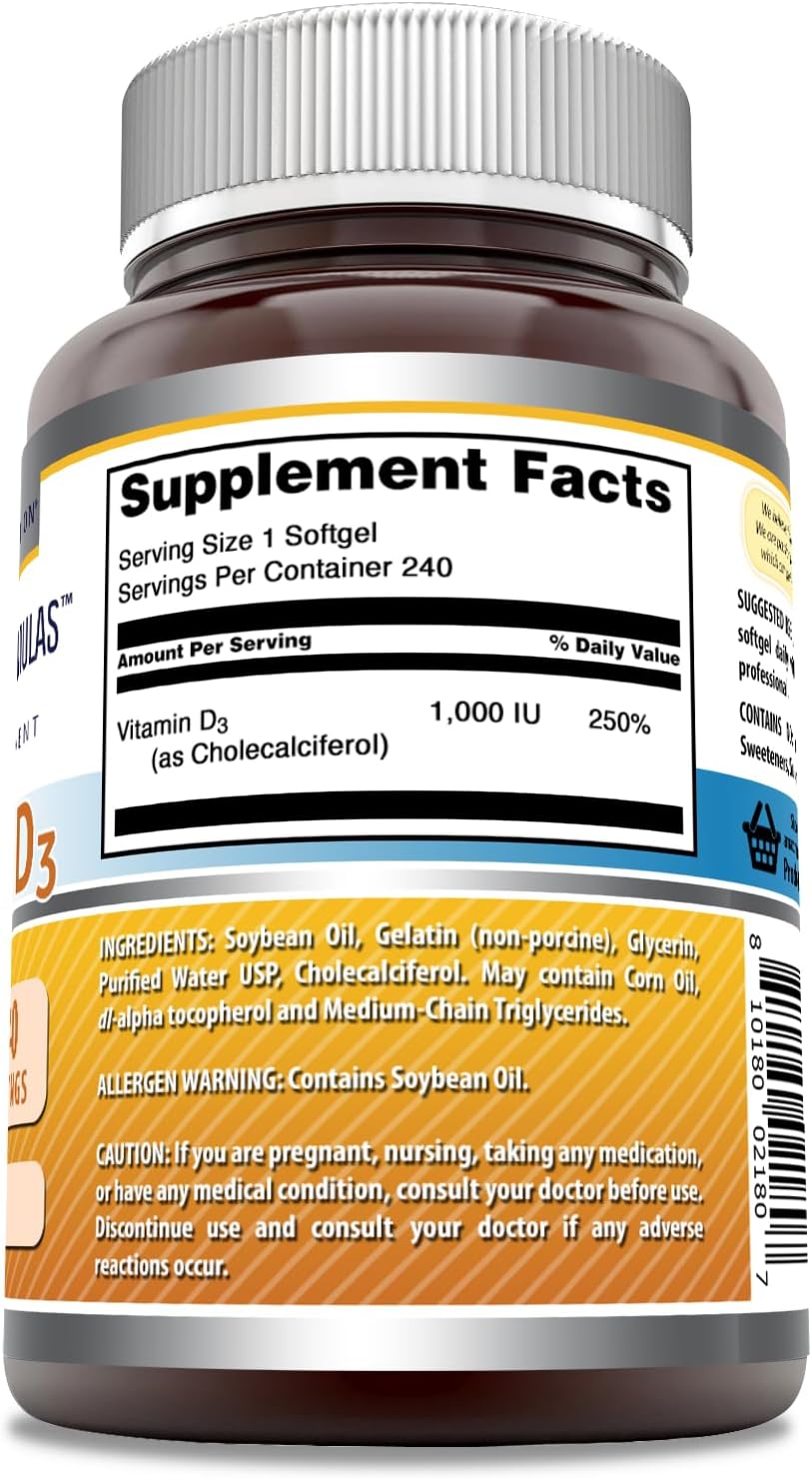 High Quality Vitamin D3 Supplement - 1000 IU - 240 Softgels - Non-GMO & Gluten Free - Made in USA by Amazing Nutrition