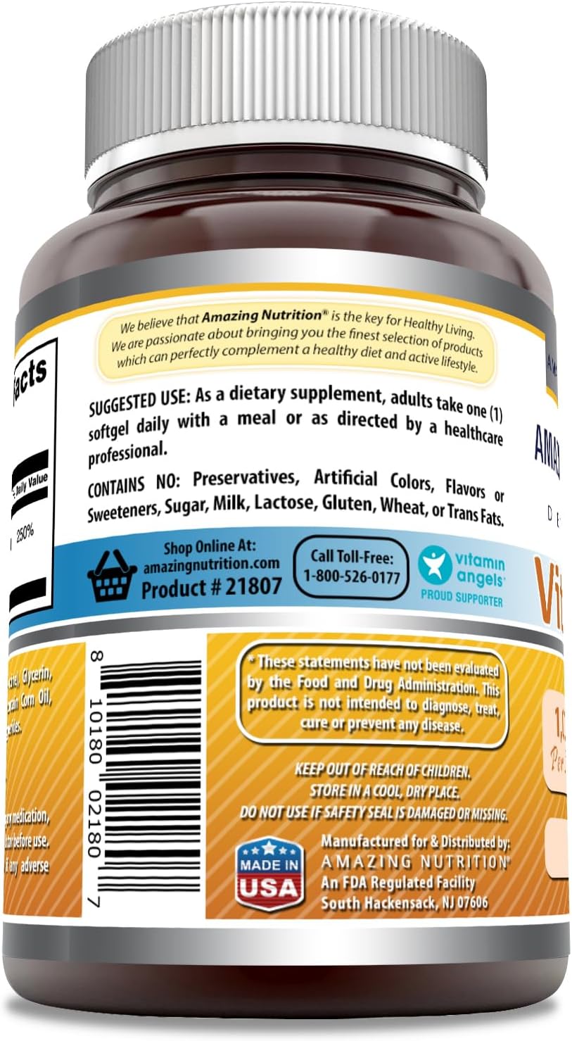 High Quality Vitamin D3 Supplement - 1000 IU - 240 Softgels - Non-GMO & Gluten Free - Made in USA by Amazing Nutrition