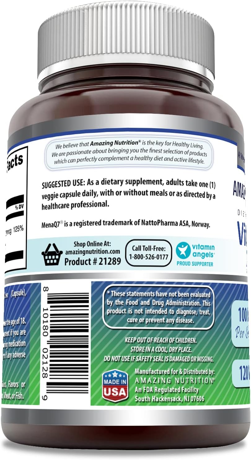 High-Quality Vitamin K2 Menaq7 MK7 Supplement - 100 Mcg - Veggie Capsules - Non-GMO - Gluten Free - Made in USA - 120 Count