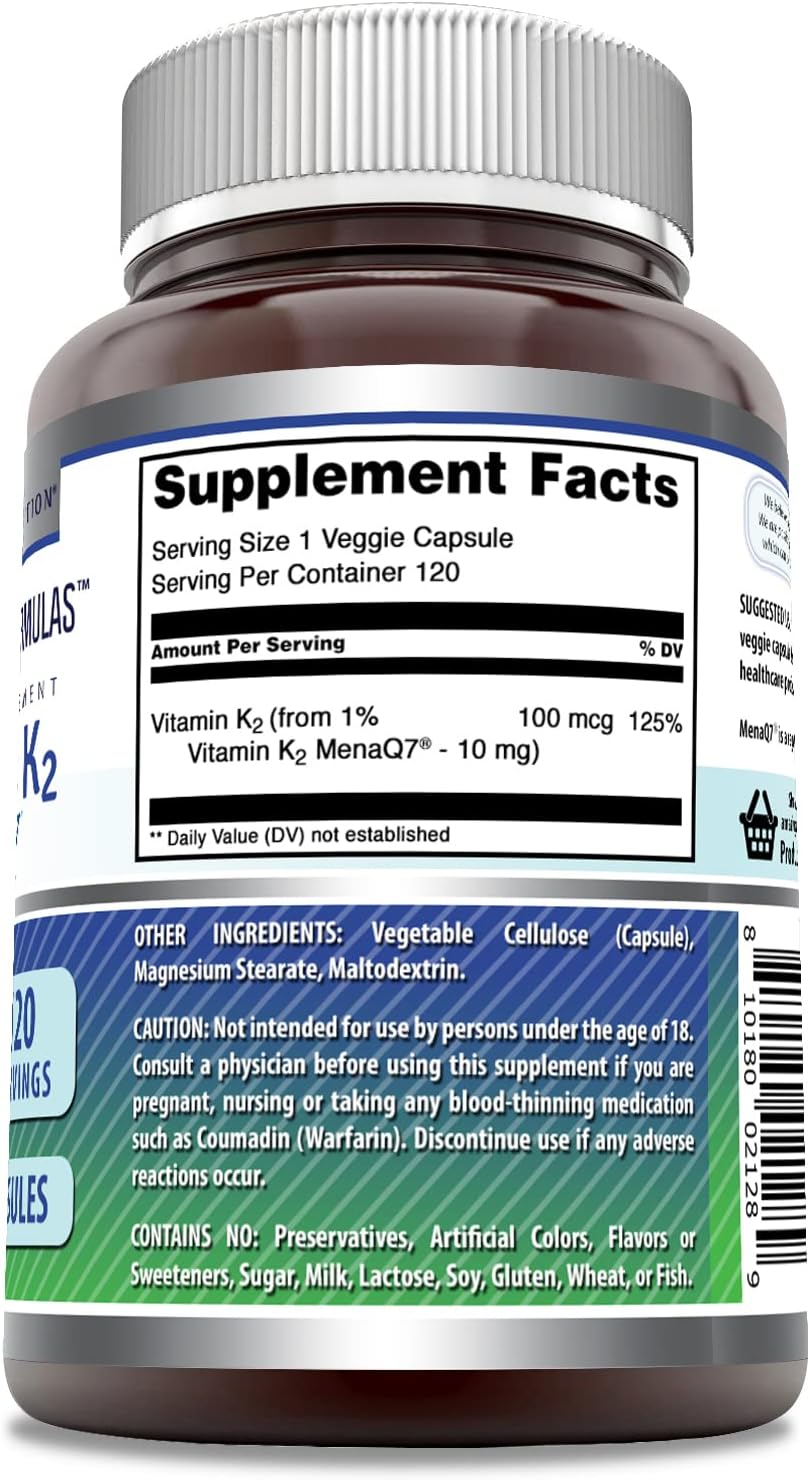 High-Quality Vitamin K2 Menaq7 MK7 Supplement - 100 Mcg - Veggie Capsules - Non-GMO - Gluten Free - Made in USA - 120 Count