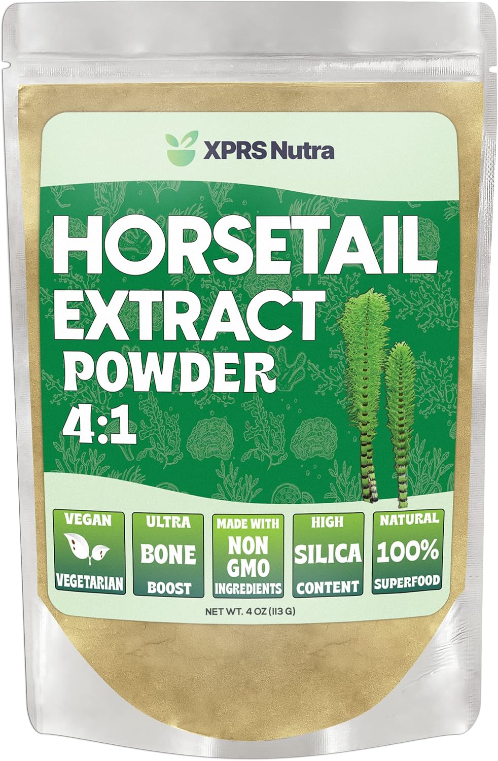 High Silica Content Horsetail Extract Powder for Hair, Nails, Bones - Vegan-Friendly Formula (4 oz)