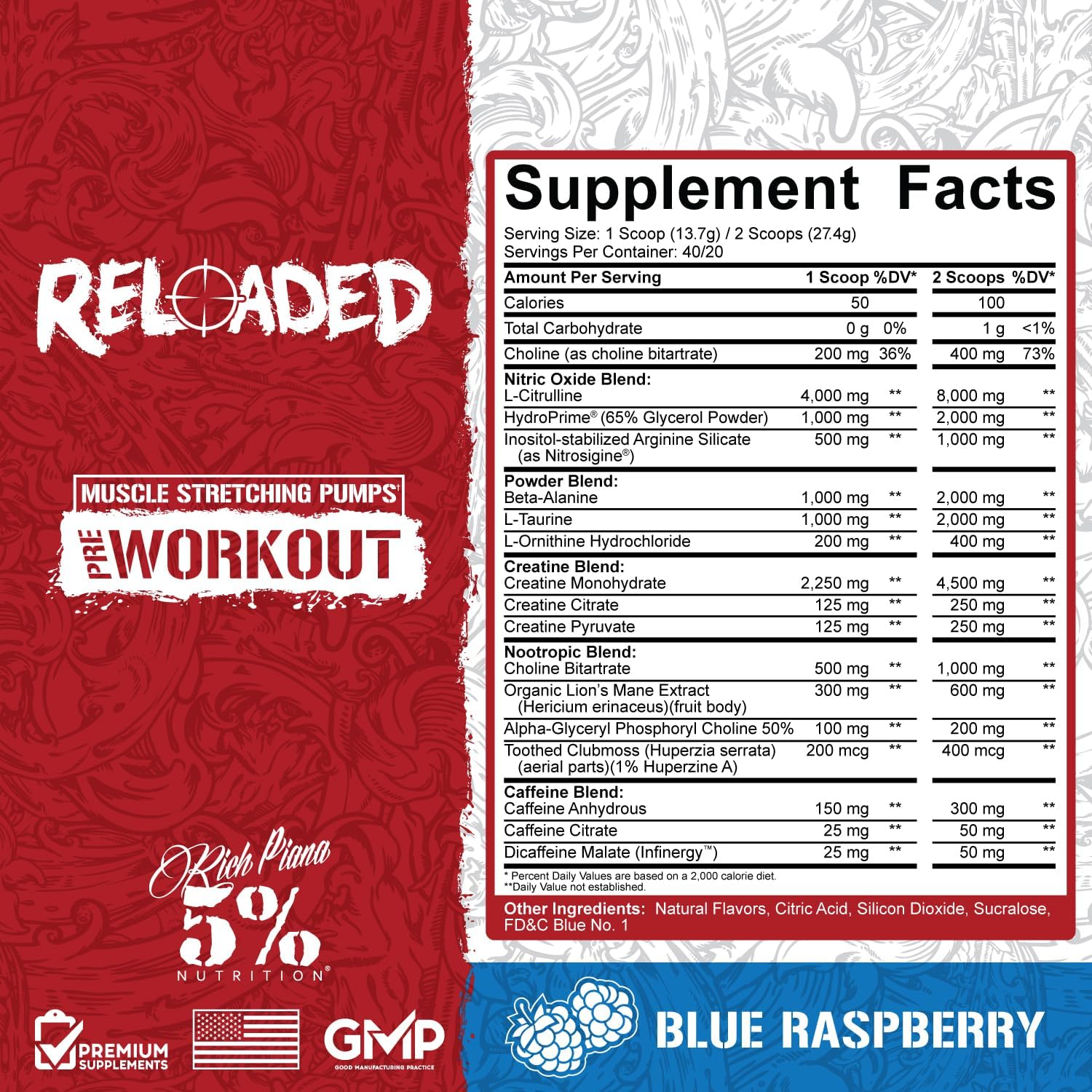 High Stim Pre-Workout Supplement for Energy, Focus, and Endurance - Citrulline, Creatine, Choline - Blue Raspberry Flavor