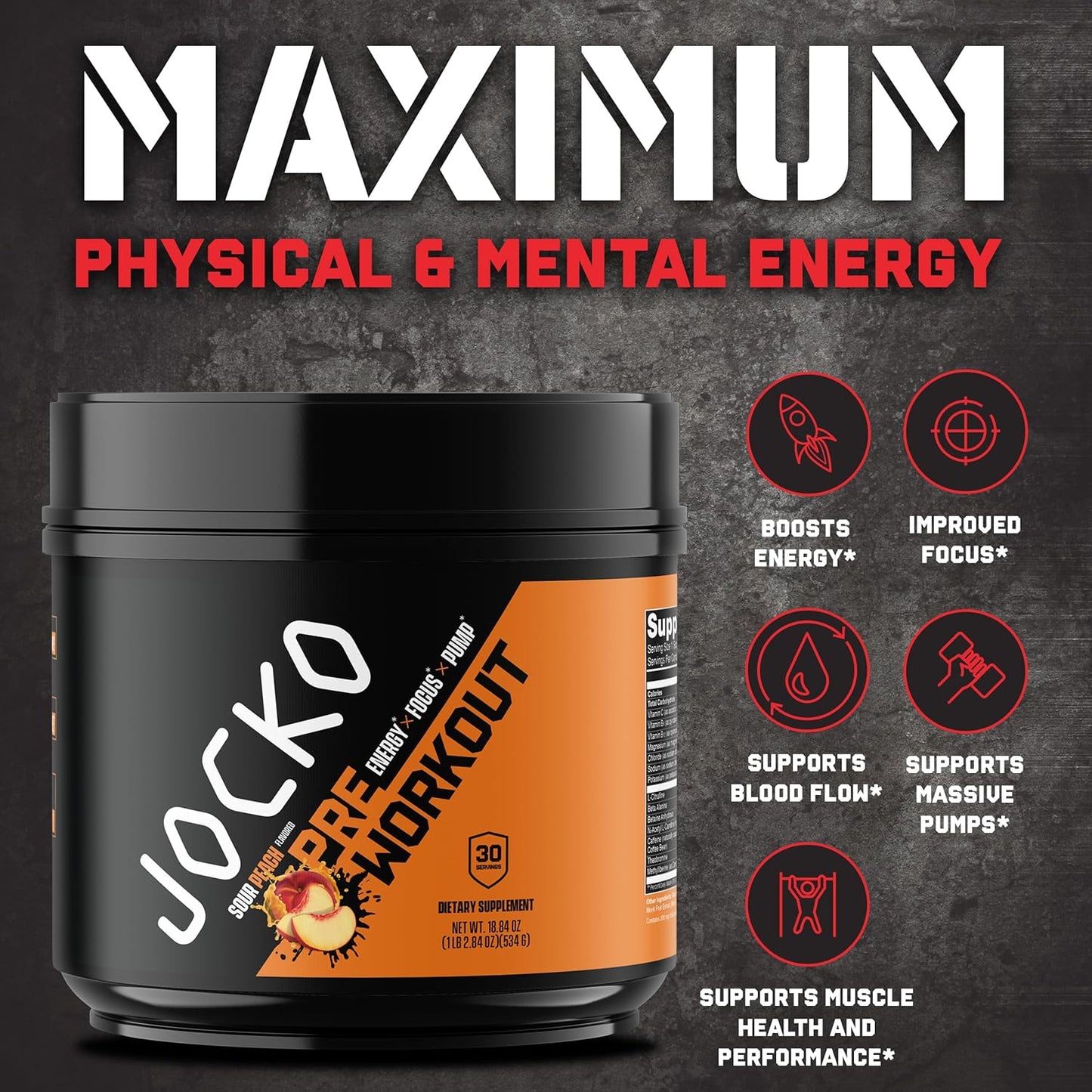 High Stim Sugar-Free Jocko Fuel Pre-Workout Powder for Energy & Recovery - Sour Peach Flavor 200mg Caffeine - Nootropic Blend for Muscle Pump - Men & Women