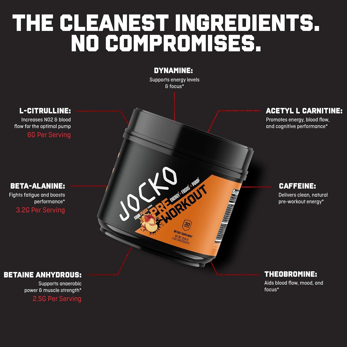 High Stim Sugar-Free Jocko Fuel Pre-Workout Powder for Energy & Recovery - Sour Peach Flavor 200mg Caffeine - Nootropic Blend for Muscle Pump - Men & Women
