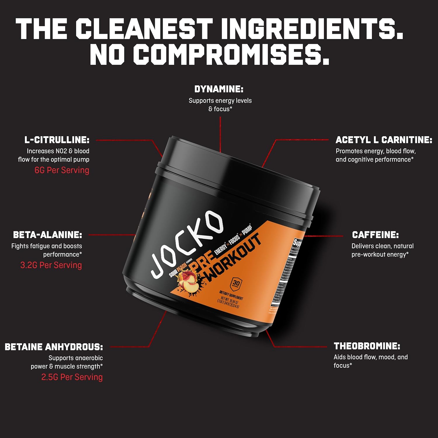 High Stim Sugar-Free Jocko Fuel Pre-Workout Powder for Energy & Recovery - Sour Peach Flavor 200mg Caffeine - Nootropic Blend for Muscle Pump - Men & Women